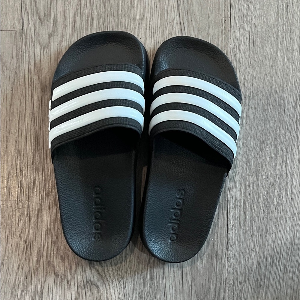 Adidas Black Slides with White Stripes